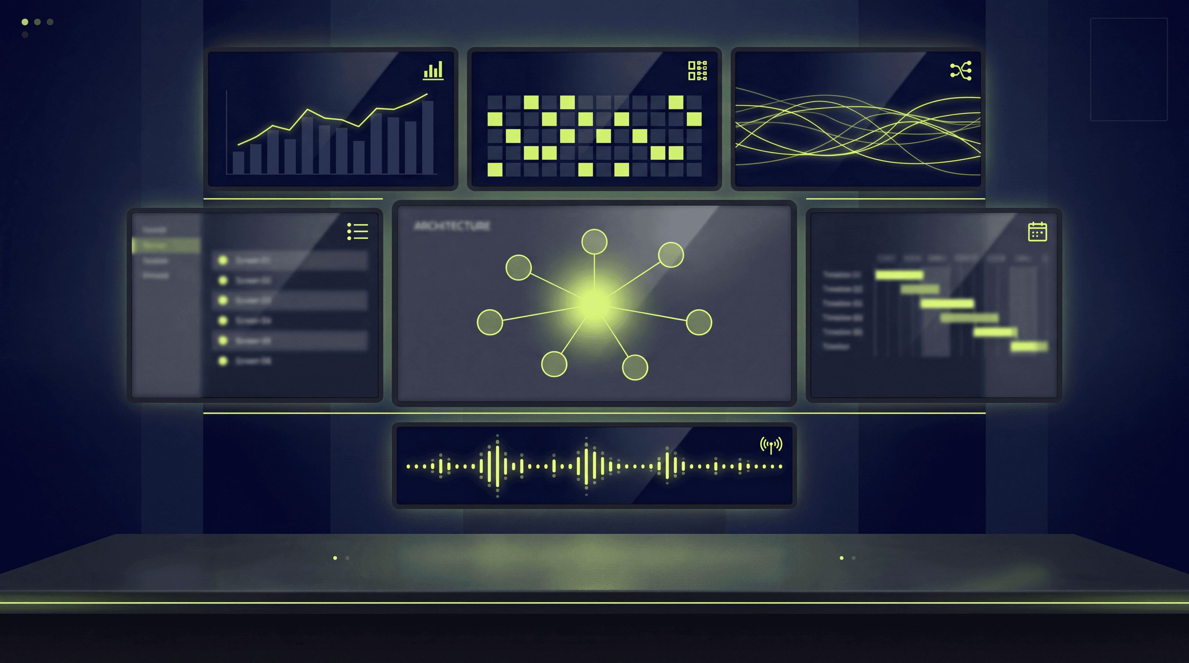 AI operations command center with seven war room screens showing revenue data, pipeline analytics, team diagnostics, and architecture mapping